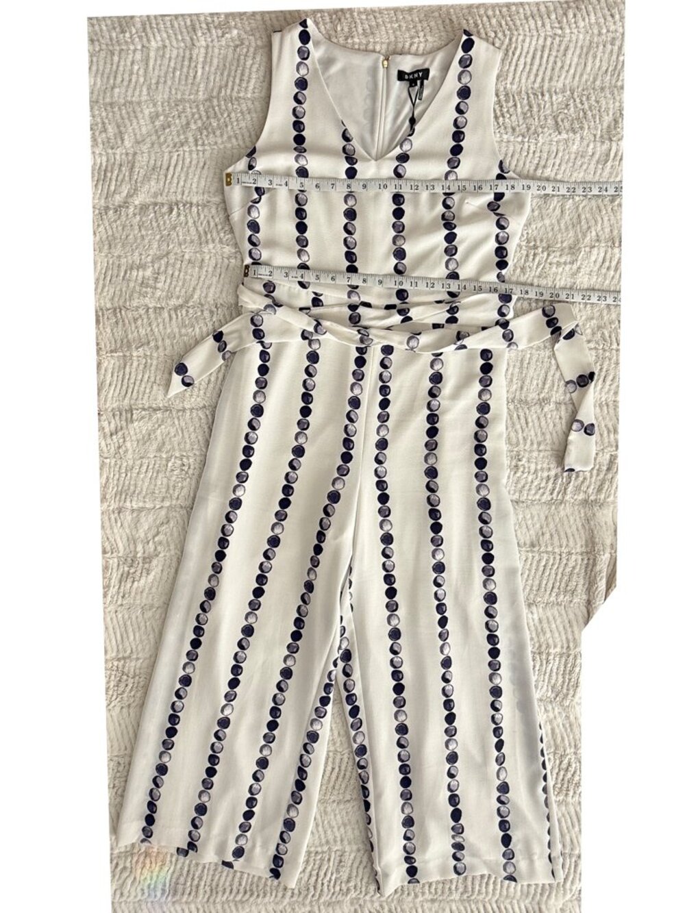 NWT DKNY White with Blue Printed Sleeveless Wide Leg Jumpsuit, Size 12 - Picture 5 of 9